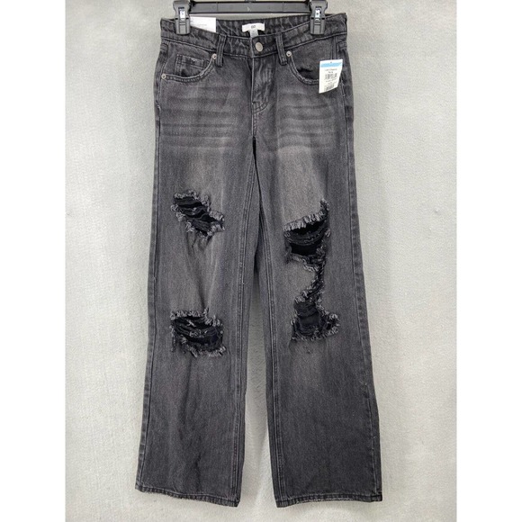 BP Jeans Women's Sz 24 Black Distressed Ripped Wide Leg Pockets Low Rise NWT‎ - Picture 1 of 13